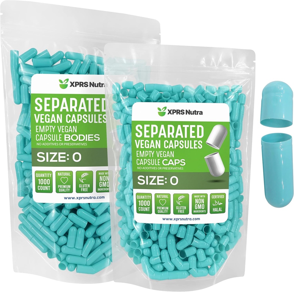 XPRS Nutra Vegan Størrelse 0 Separerte kapsler - 1000 greve Premium tomme kapsler Separert i poser - piller 0 for DIY Supplement Fylling (Aqua)