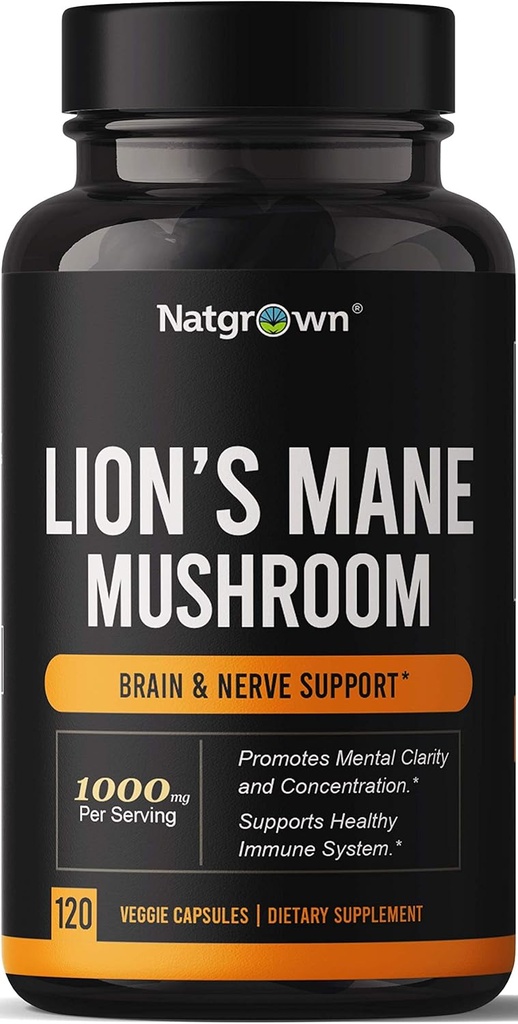 Natgrown Lions Mane Mushroom Supplement Kapsler - Organic Lions Mane Extract Nootropic Brain Supplement for menn og kvinner - fremmer mental klarhet, fokus og minne - Vegan piller
