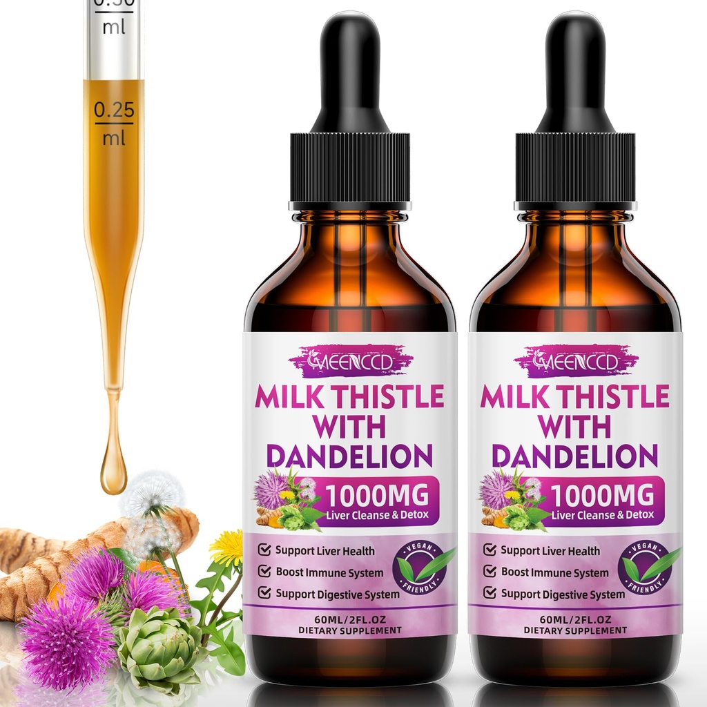 2 Pakke Melk Thistle flytende dråper - Liver Cleanse Detox & Reparasjon - 1000mg Melke Thistle Supplement for Liver Support, Silymarin Liver Supplement for Liver Helse, Vegan, Non-GMO, 4 Fl Oz