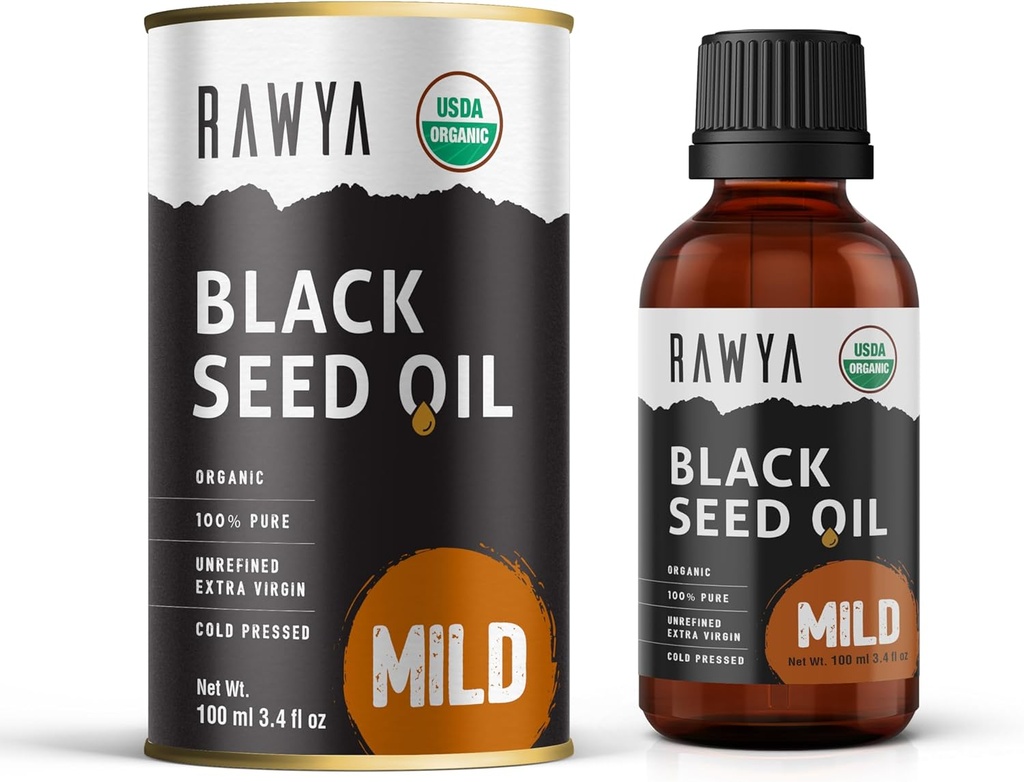 RAWYA svart frøolje - kaldt presset - svart cuminfrø - Premium Nigella Sativa - Omega 3 6 9 - Kalonji for hud og sunnt hår - ikke-GMO, Glutenfri - velværeolje - Mild Flavor - 3.4 fl Oz