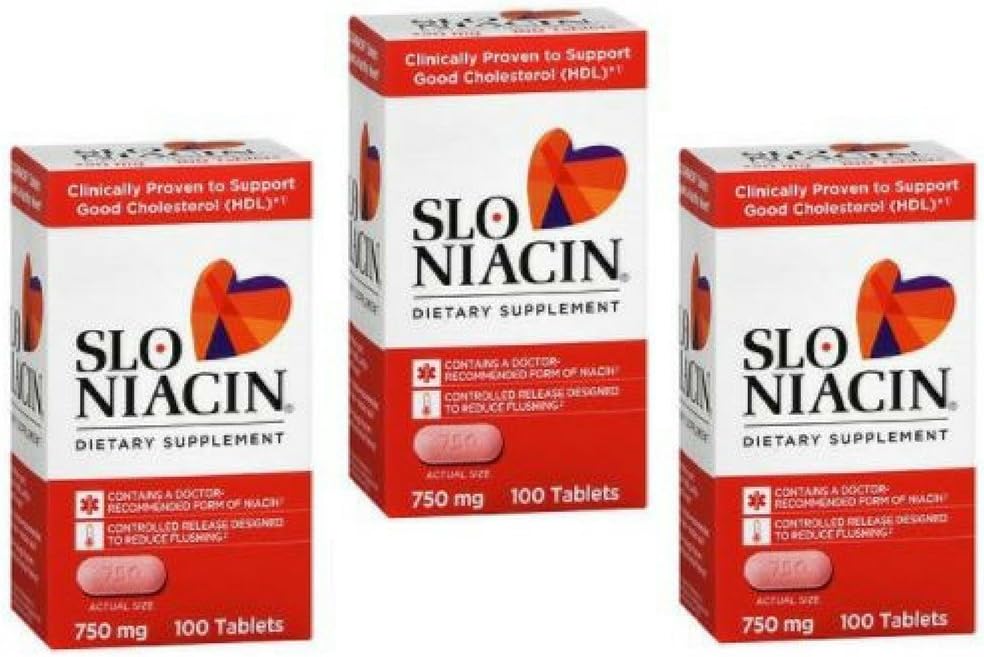 SLO-NIACIN Diett Supplement En gang daglig med 750 mg Niacin vitamin B fra Nikotinsyre for høy absorpsjon 100 tabletter per flaske 3 pakke