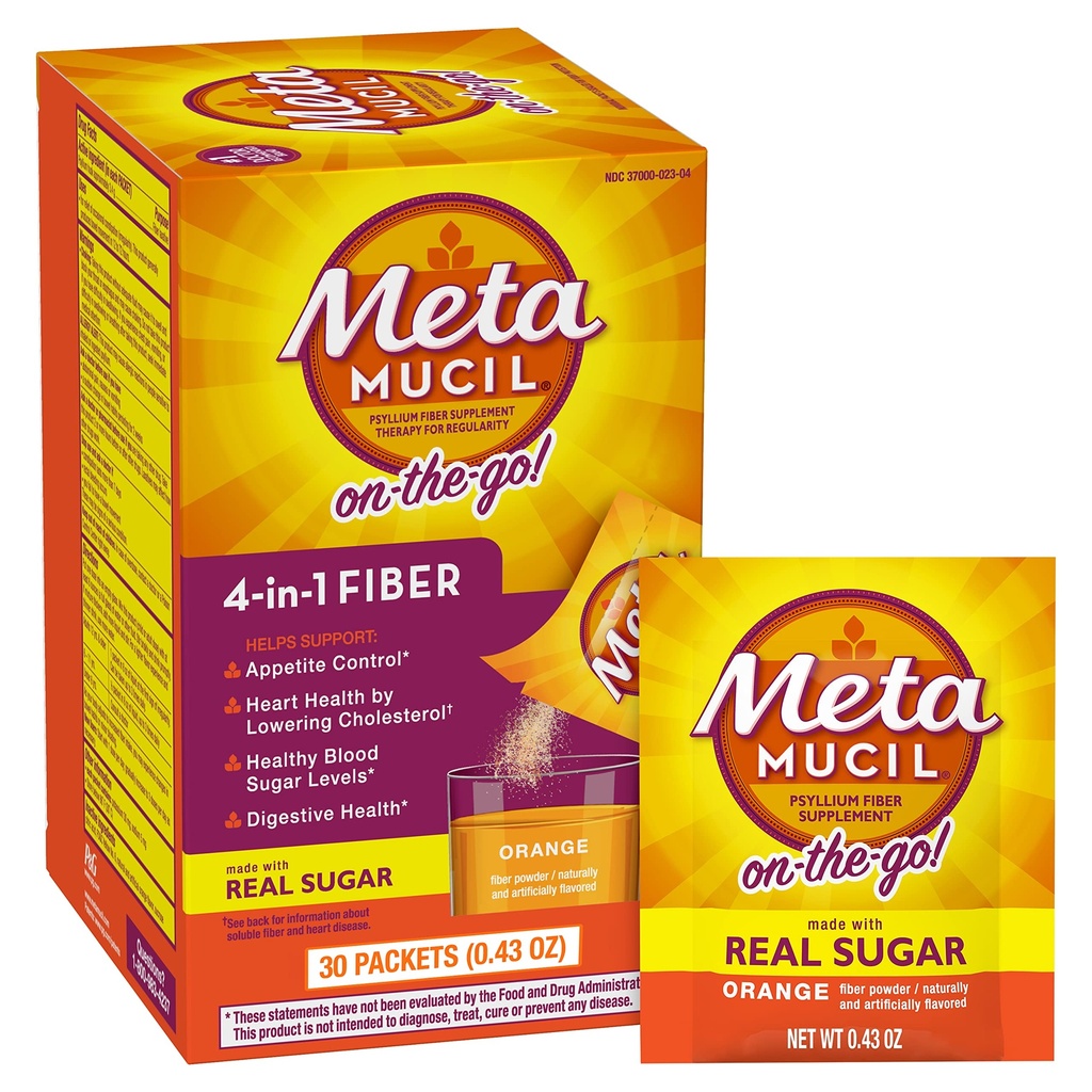 Metamucil On-the-Go, Daily Psyllium Husk pulver Supplement med ekte sukker, 4-i-1 Fiber for Digestive Helse, Orange glatt Flavored Drink, 2 pakke x 30 tel = 60 Pakker Totalt
