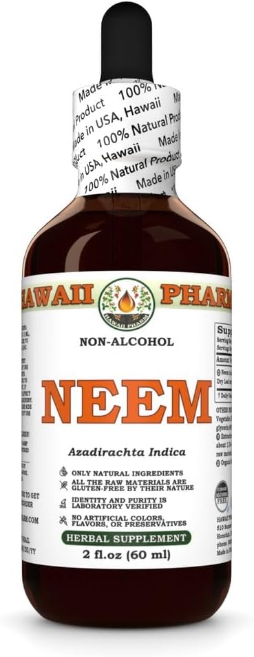 Neem alkohol-fri flytende ekstrakt, organisk neem (Azadirachta Indica) tørket leaf glyseritt naturlig herbal supplement, Hawaii Pharm, USA 2 fl.oz