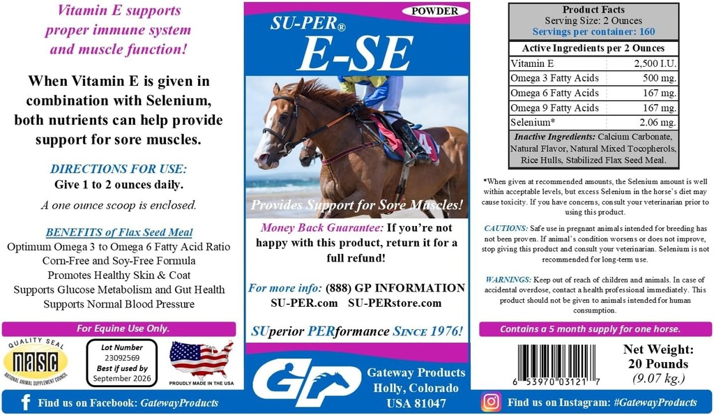 SU-PER E-Se Heste Antioksidant Supplement - Vitamin E & Selenium for Sore Muscles Support - 20 pund