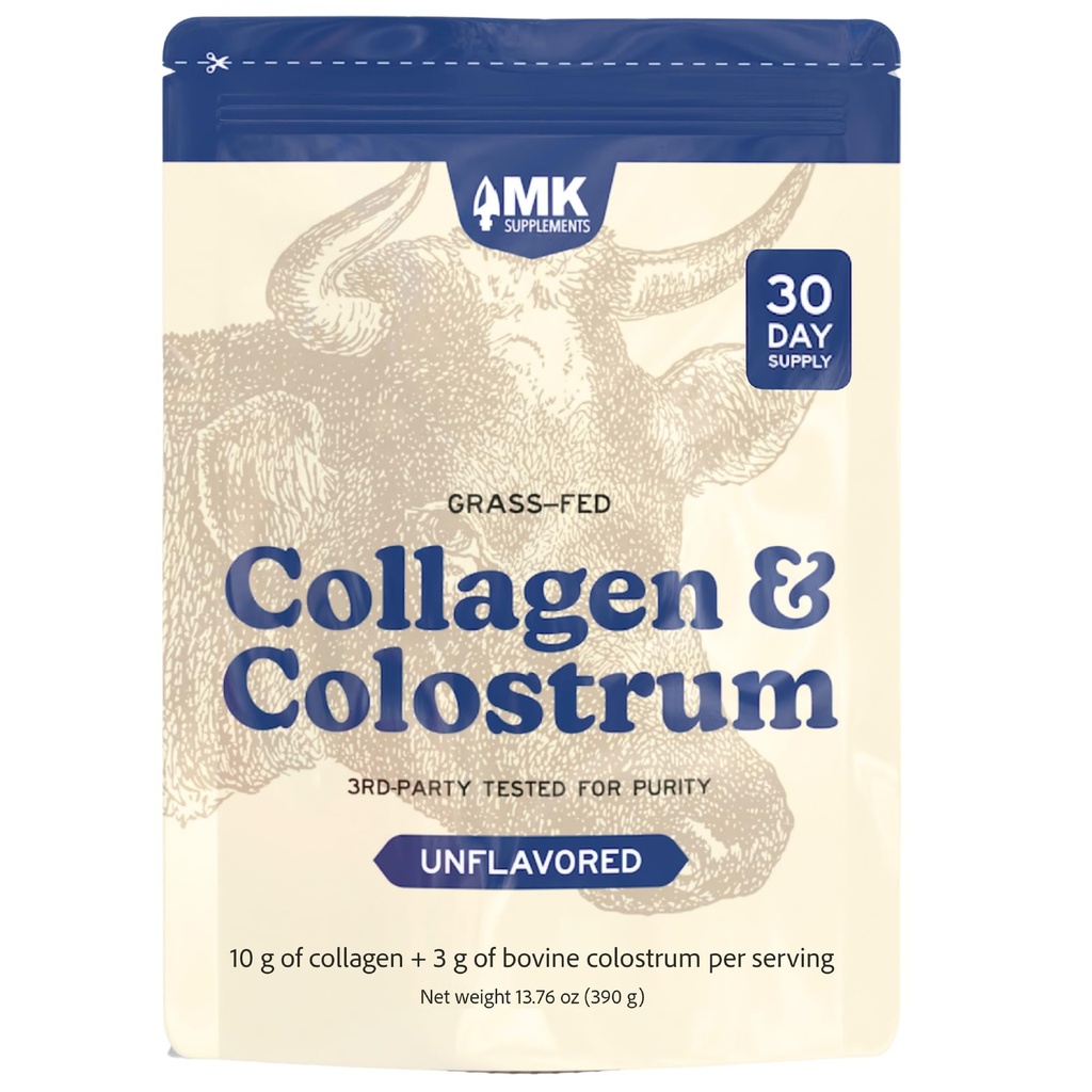 MK Supplements Collage & Colostrum – Grass-Fed Bovine Collage & Bovine Colostrum Powder – Hud, Gut, Joint & Immune Support – Keto, Paleo, Carnivore Vennlig – Ingen tilskudd