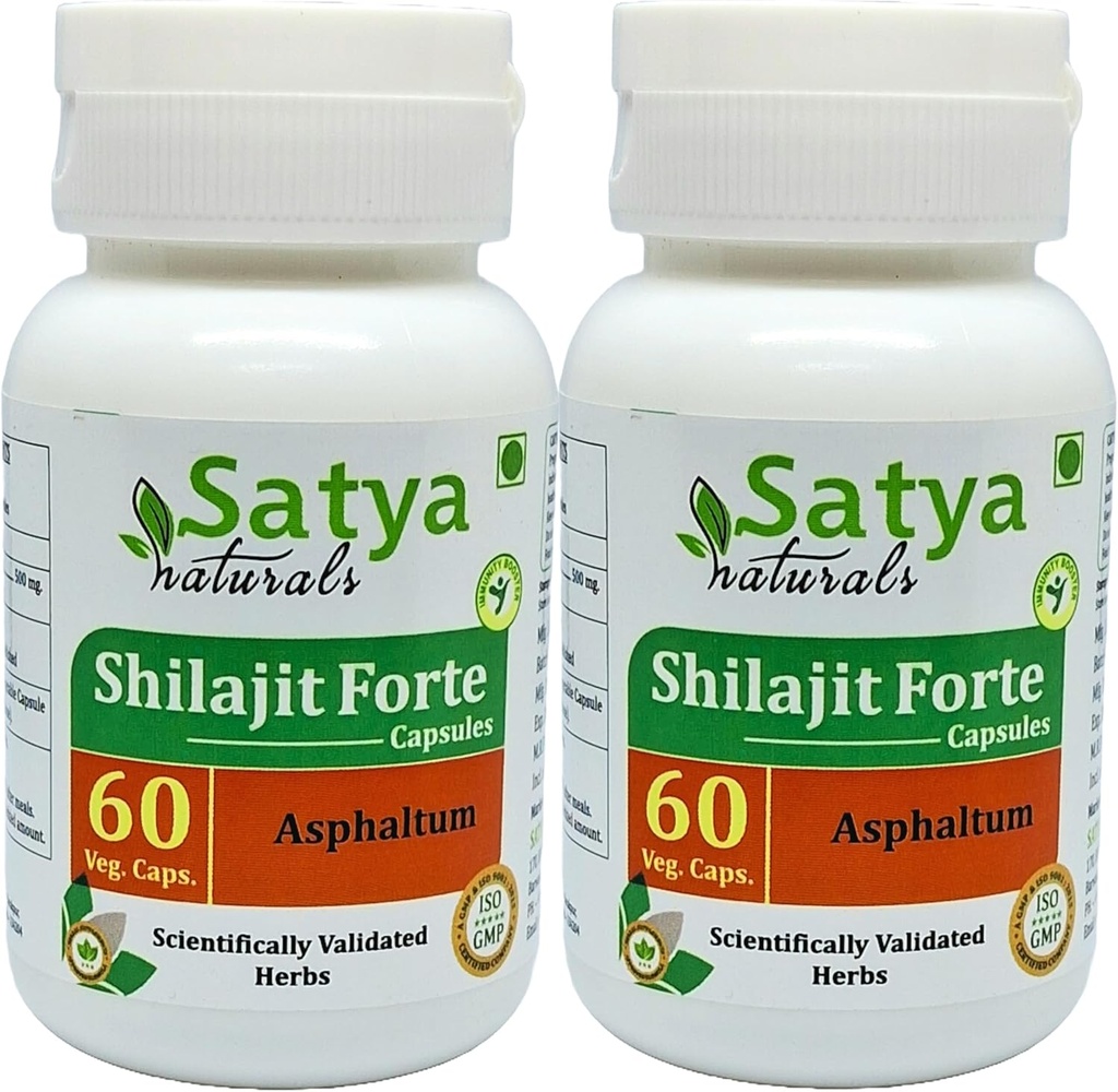 Shilajit Forte Kapsler 500 mg. 60 Veg. Kapsel | Shilajit (Asphaltum) ekstraktkapsler for menn og kvinner | Ayurvedic Herbal Supplement/Remedier | 10:1 Forte (2 flasker med 60 Kapsler)