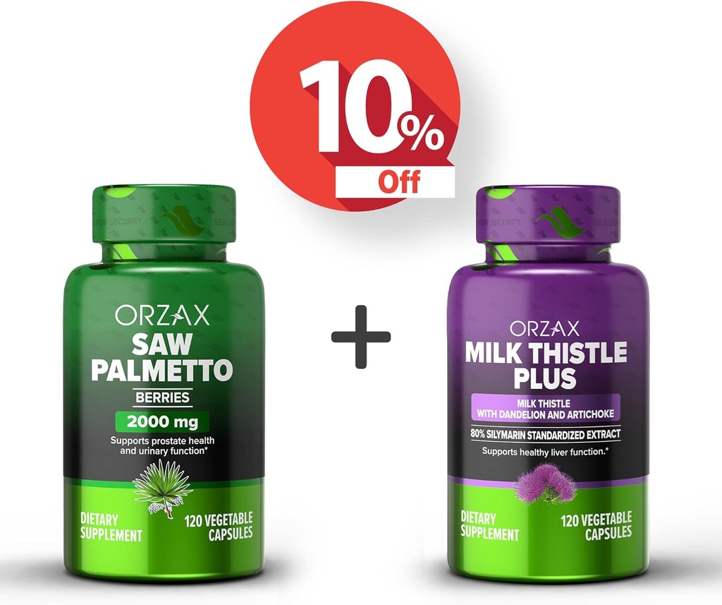 ORZAX Sag Palmetto 2000 mg 120 Vegatable kapsler og Melke Thistle Plus med Dandelion 120 Vegatable Capsule, Bundle