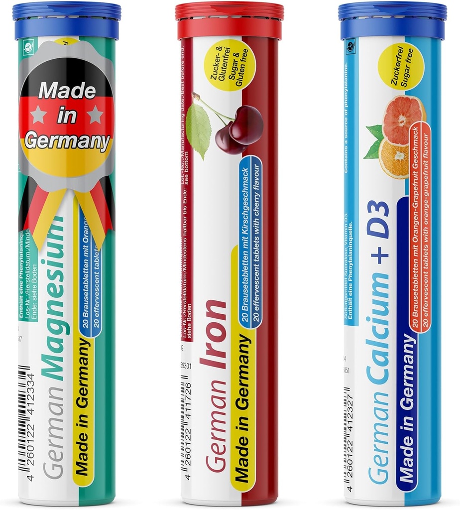 T&D German Mineral Plus Package 60 Serveringer - Vegansk, Null Sukker - Drikke Effervecent Tabletter - Jern, Kalsium, Magnesium Pharma - Laget i Tyskland