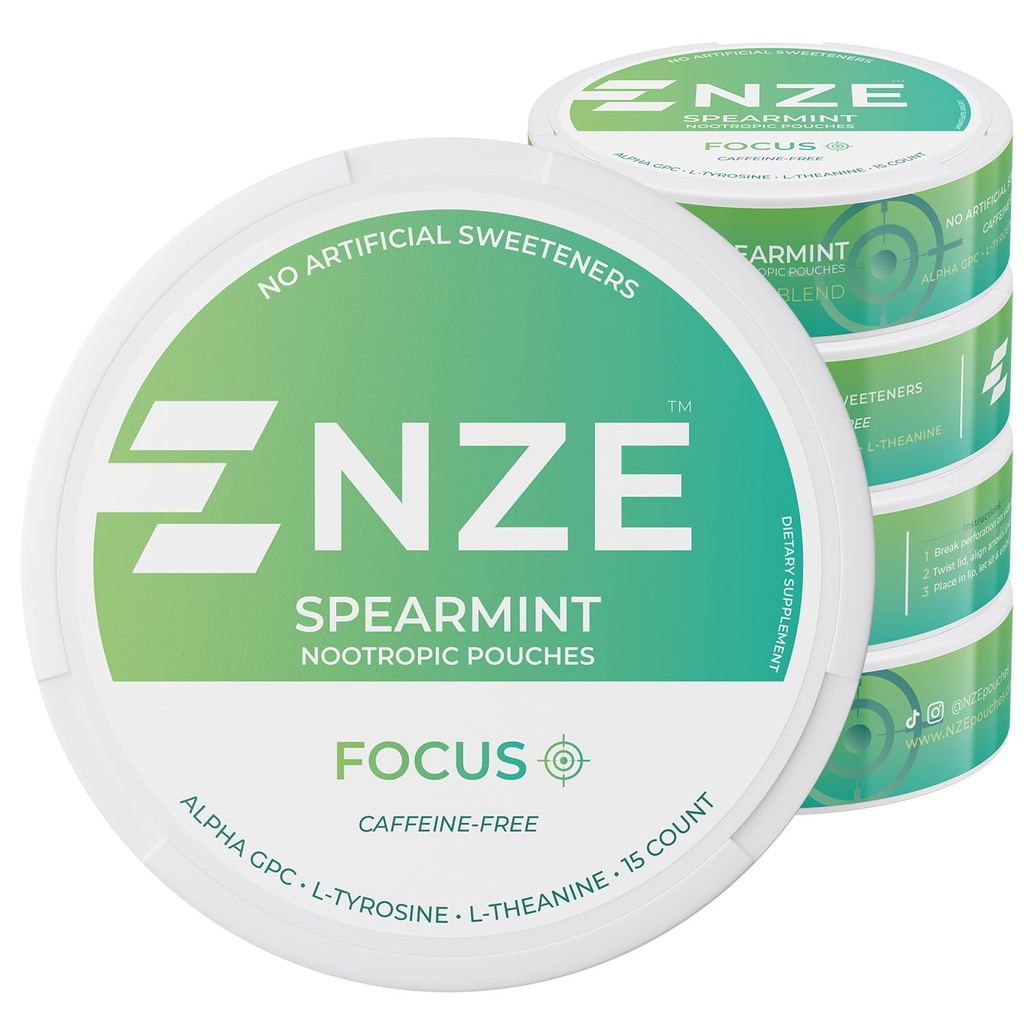 NZE Koffein Gratis Nootropic Pouches (Spearmint) - Nootropic Pouches med Alpha GPC, L-Tyrosin & L-Teanin - Ingen sukker eller kunstige søtningsmidler - 15 Nikotine Free Pouches Per Can - 5 Pack