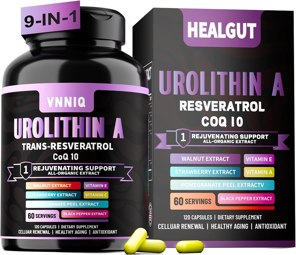 Liposomal urolitin A Plus Capsules-1200mg, ekskludert hudcellet helse og anti-aldring, organisk planteekstrakt kosttilskudd for kvinner og menn,180 kapsler- 60 servering