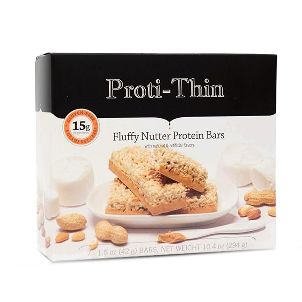 Proti-Thin Fluffy Nutter Protein Bars, 15g Protein, Lav kalori, svært lav karbohydrat (VLC), lavfett, høyfibersnack Bar, KETO diett vennlig, ideell protein kompatible, ingen gluten ingredienser, 7 / boks