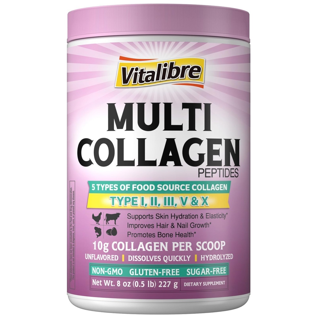 Multi collagen Peptider pulver type II III V X, Hydrolysert kollagenprotein for kvinner og menn, hud, hår, negler, ikke-GMO, keto & GF, null sukker, 22 serveringer, 8oz