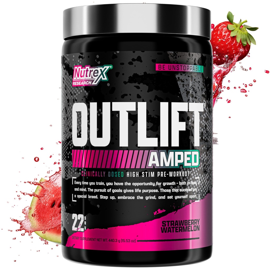 OUTLIFT Amped Max dosert høy STIM pre trening pulver 6G Citrulline, 3,2G Beta Alanine, Alpha GPC, CognatiQ, ekstrem energi, Massive pumper, elektrolyter (Strawberry Watermelon, 22 serveringer)