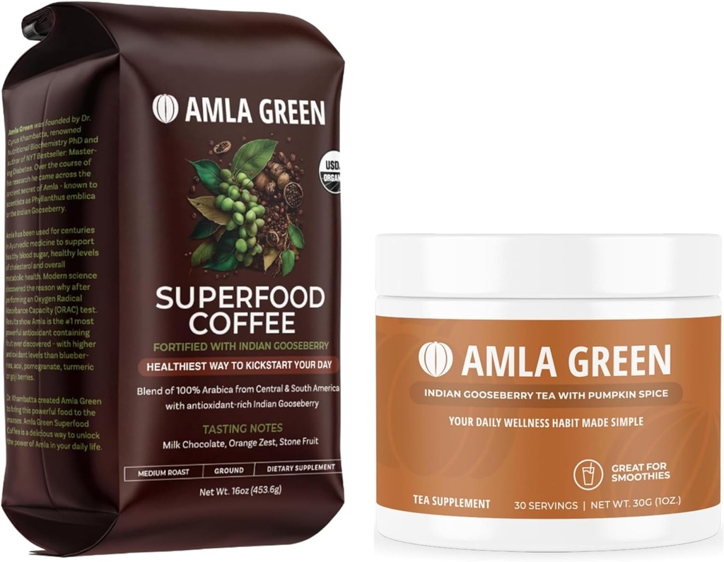Amla Grønn økologisk jord Supermat Kaffe og Amla pulver Supermat Supplement med Pumpkin Spice, 20x Ultra konsentrert Amla