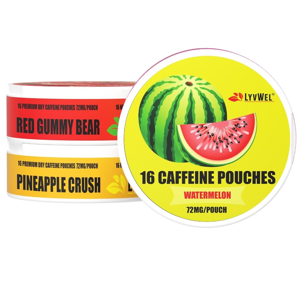 LyvWel 72mg koffein energipotter – vannmelon, rød gummybjørn, Pineapple Crush – Juicy ren energi med guarana – 3-Pack (48 Total Pouches)