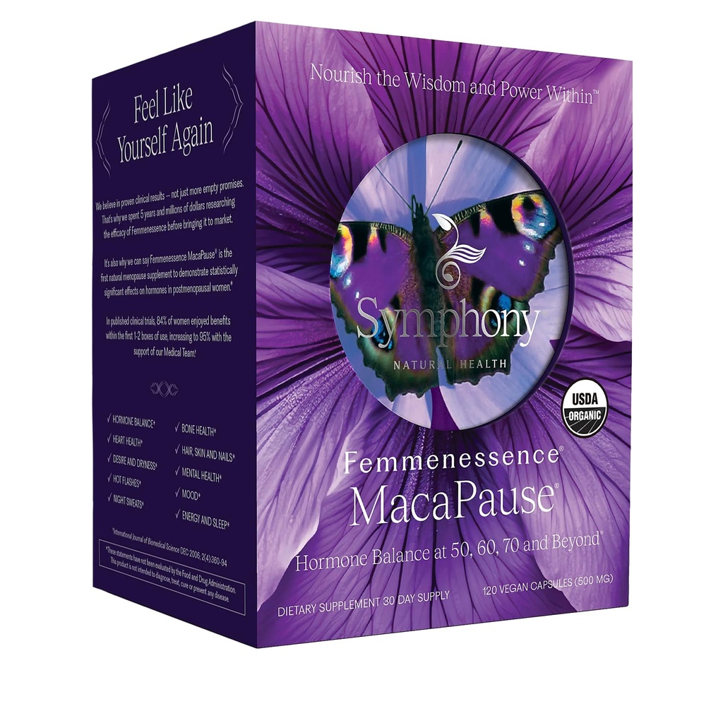 Femmeness® Maca pause® – klinisk bevist postmenopausalt kosttilskudd for naturlig hormonbalanse, Menopause Symptom Relief, Bein og hjerte helse, uten tilsatt hormoner (120 kapsler, 30 dagers forsyning)
