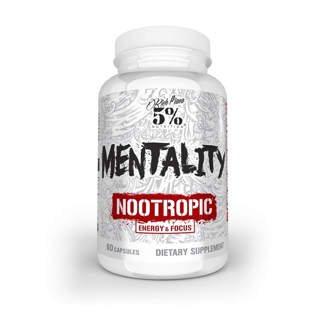 5% Ernæring Rich Piana Mentalitet Nootropic Blend ® Brain Booster Supplement for ytelse, minne, mental klarhet | Ginseng, Ginkgo, L-Theanine, Choline, Huperzine, 60 kapsler (30 dagers forsyning)