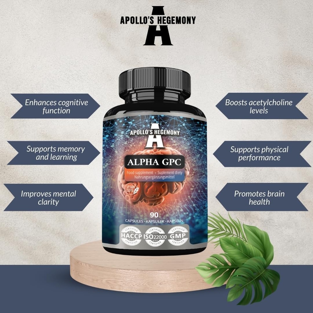 APOLLO'S HEGEMONY Alpha-GPC 600mg per daglig dose - 90 Vegan Choline Kapsler - 99% Choline Alfoscerate Kosttilskudd - Lipid Choline - Minne og konsentrasjon Kapsler