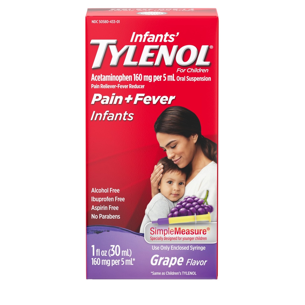 Infanter tylenol oral suspensjon flytende medisin med acetaminophen, babyfeber Reduser & smertestillende for mindre smerter og smerter, sure throat, hodepine og tannkjøtt, Grape Flavor, 1 fl oz