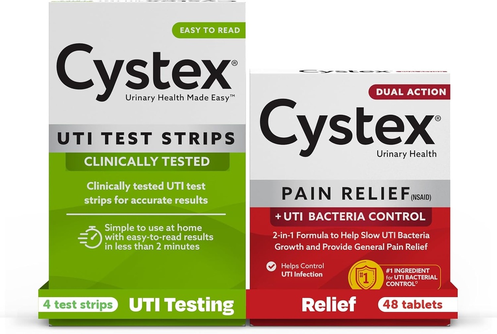Cystex urinveis infeksjon (UTI) Teststriper + smertelindring: 4 teststriper og 48 kapsler smertelindring medisin