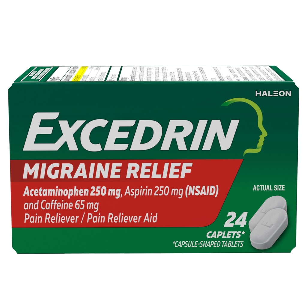 Excedrin Migraine Relief Caplets for Migraine Symptomer, Acetaminophen 250 mg, Aspirin 250 mg, Koffein 65 mg, smertefriere, 24 greve