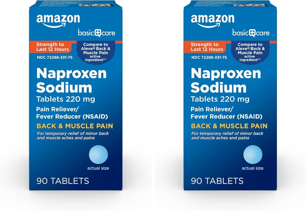 Grunnleggende omsorg rygg- og muskelsmerter, Naproxen Natriumtabletter 220 mg, smertestillende og feberreduserende, for ryggsmerter, muskelsmerter, mindre ledbetennelsessmerter, hodepine og mer, 90 teller (pakke med 2)