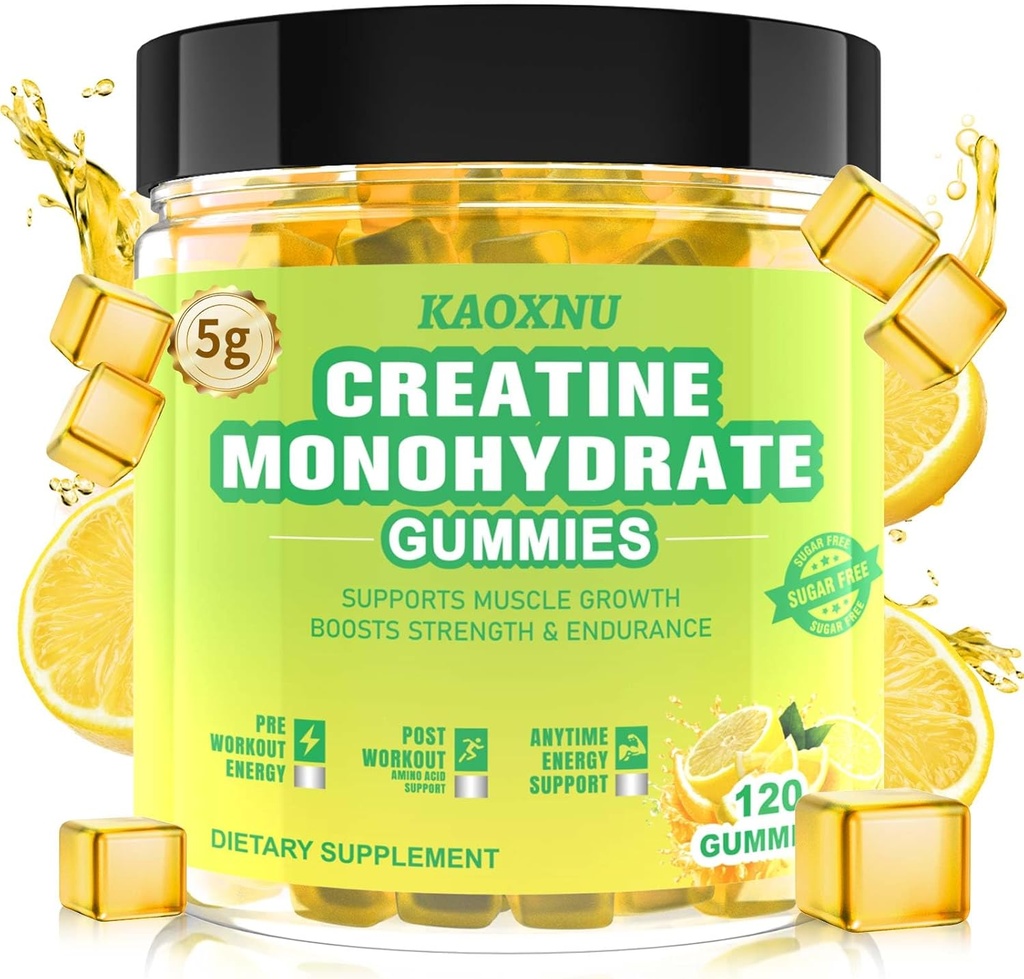 Kreatin Monohydrat Gummies 5600mg for menn og kvinner, 120 CT Chewable Kreatin Gummies for muskel støtte, energiøkning, 5,6g Kreatin Monohydrat per servering - Sukkerfri, Vegan (Lemon Flavor)