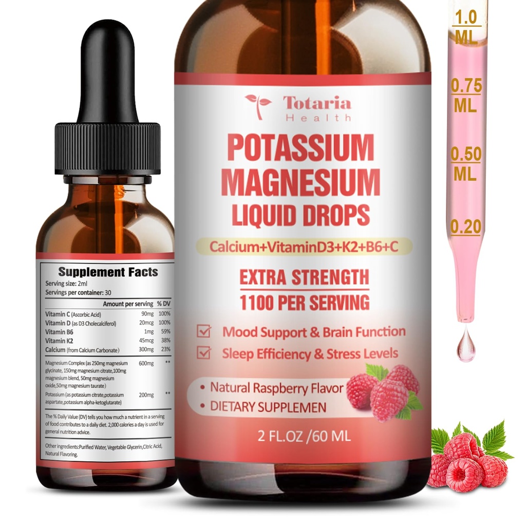 Kalium Magnesium Supplement flytende dråper - høy absorpsjon Kalium Supplement med magnesium, kalsium, vitamin D3 K2, Vegan, ikke-GMO Potasio støtte benkramper, bein, muskel - 2 Fl oz