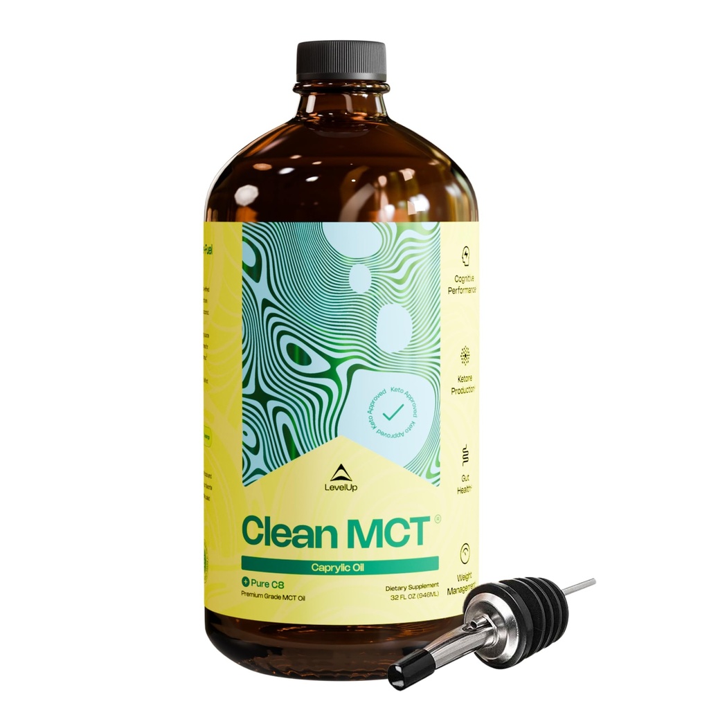 LevelUp Clean MCT Olje - 100% Capryl C8 for energi, fokus, Gut helse, hjerne Superdrivstoff - Keto Supplement for Ketogen Kaffe og ketoner - Ikke-GMO (32 oz Glassflaske)