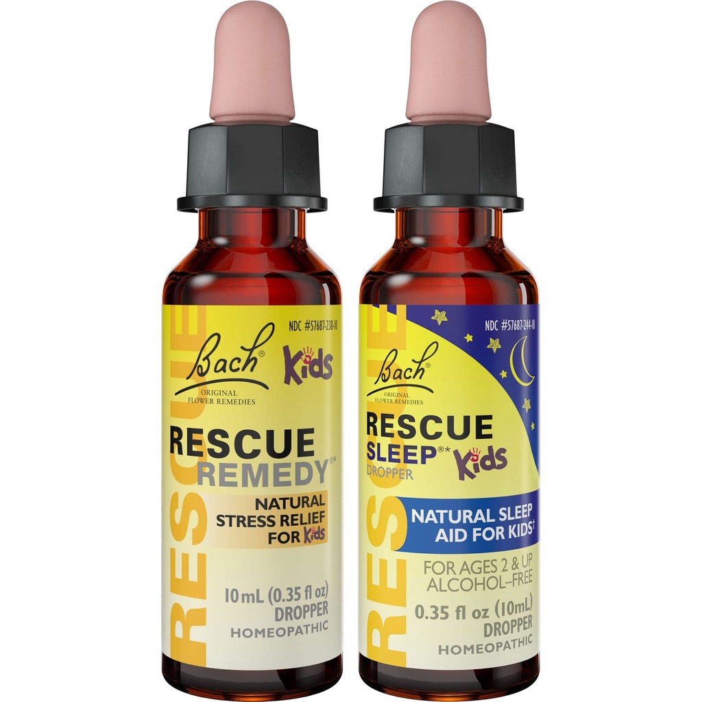 Kids Day & Night Bundle, Bach RESCUE Remedy Kids Dropper [og] RESCUE Sleep Kids Dropper- 2-Pk, Stress Relief & søvn støtte med naturlige blomster Essenser, homøopatisk, ikke-alkohol formel, 10ml Ea