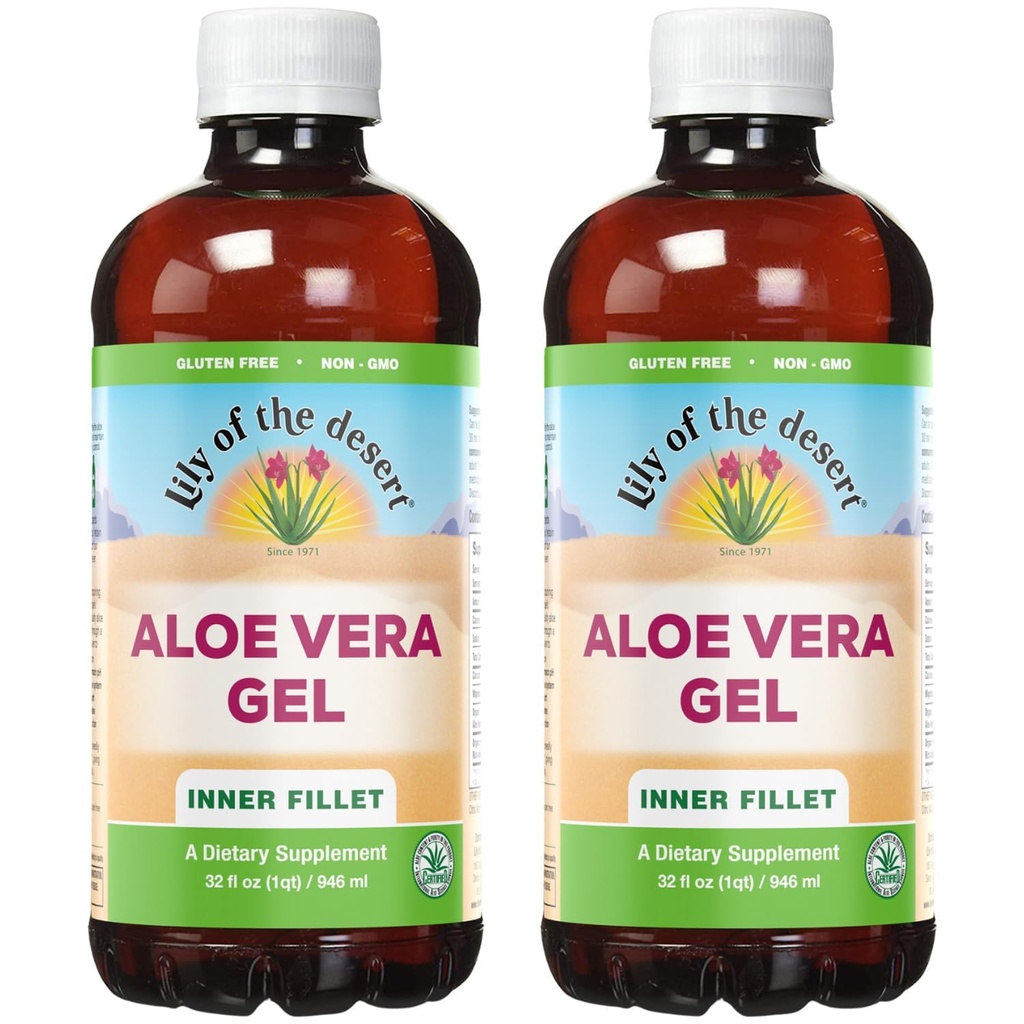 Lily Of The Desert Aloe Vera Gel - Inner Fillet Thicker Konsistens Aloe Vera Drikke med naturlige vitaminer, Digestive Enzymer for Gut Helse, Mage Relief, Velvære, Glødende hud, 32 Oz (pakke med 2)