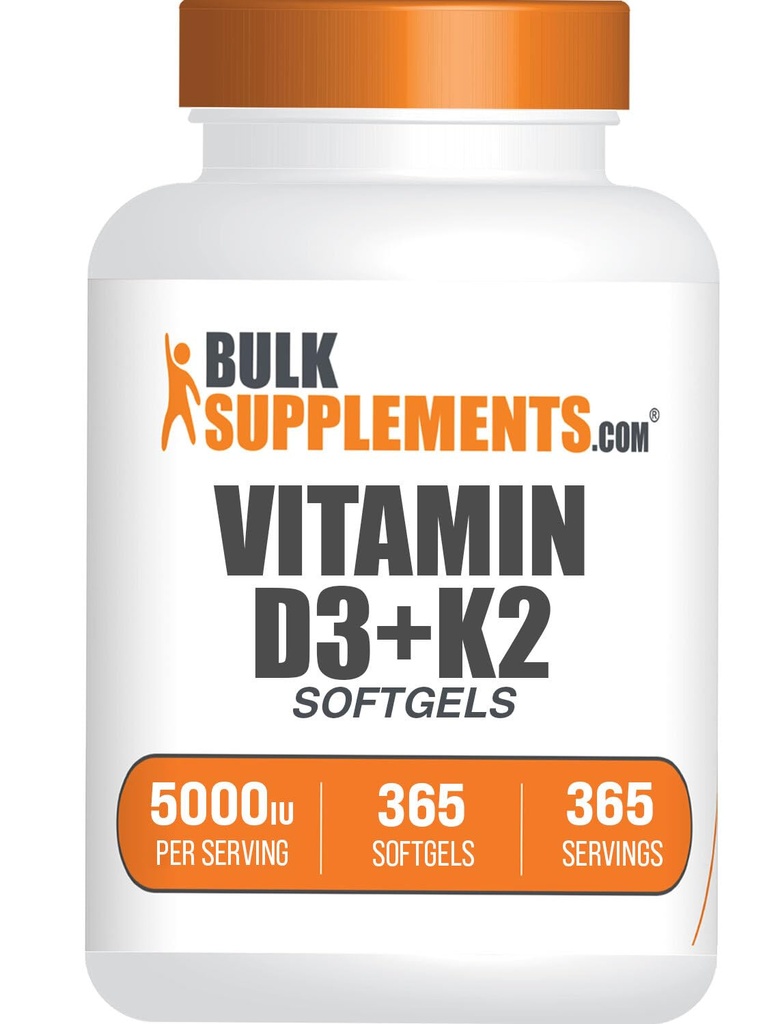 BulkSupplements.com Vitamin D3 + K2 5000 IU Softgels - D3 K2 Supplement, for immunhelse - Glutenfri, 1 Softgel per servering, 365 Count (Pack of 1)