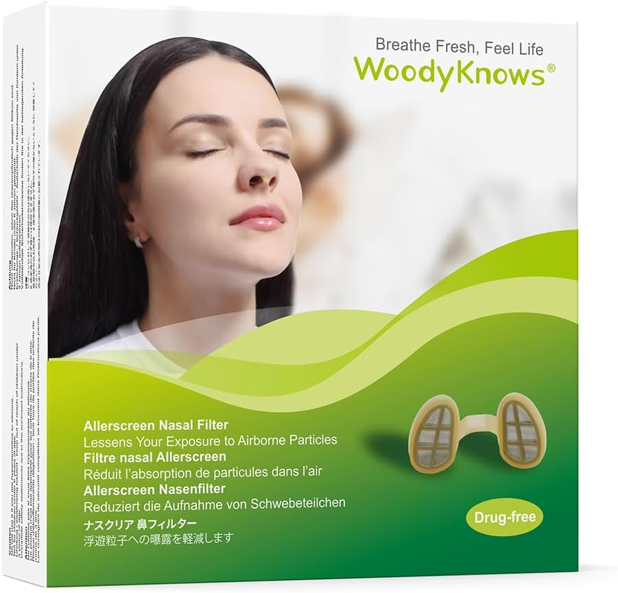 WoodyKnows 3 Allerscreen Nasal filtre med 12 par erstatningsfiltre, modell 2024, sesong- og støvallergihjelp (store, 3 filtre + 12 erstatninger)