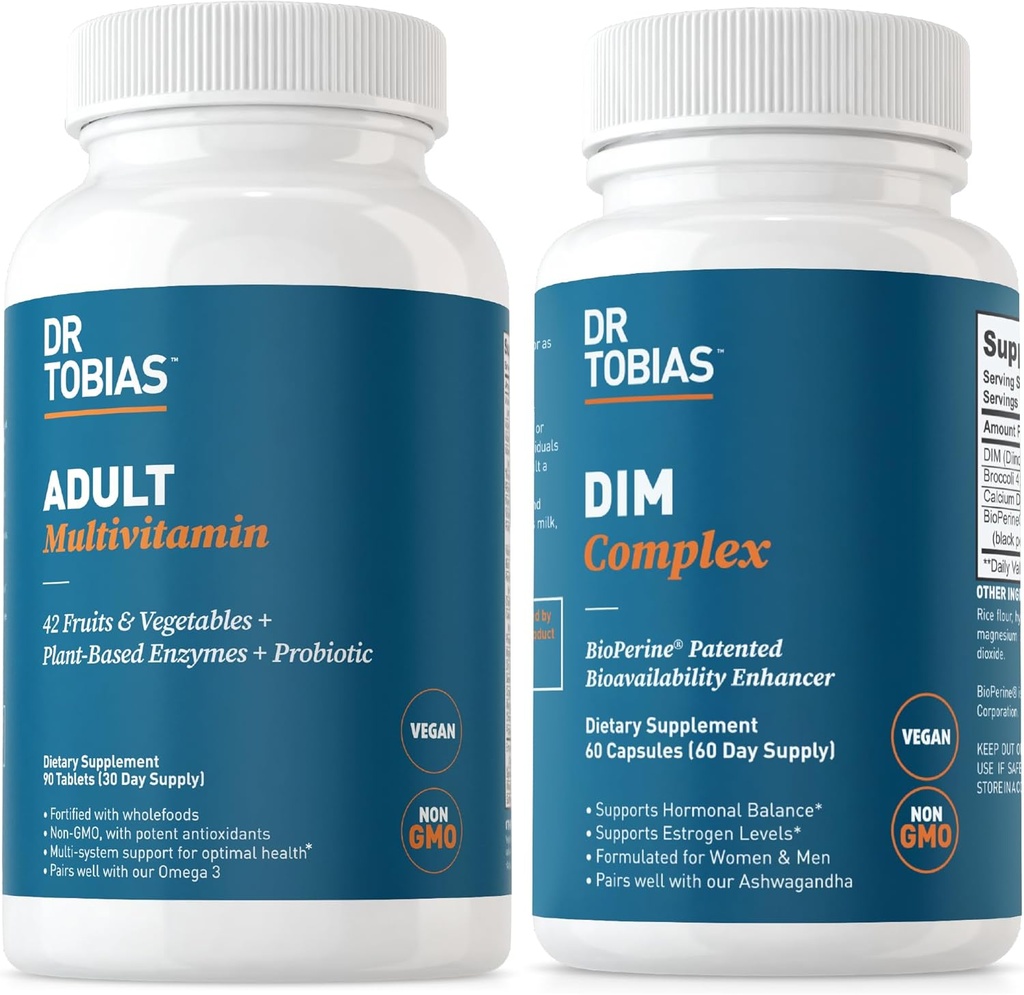 Dr. Tobias Adult Multivitamin & DIM Complex, støtter energi, immun- og hormonbalanse for menn og kvinner med 42 frukter og grønnsaker, BioPerine, Broccoli ekstrakt & kalsium, ikke-GMO