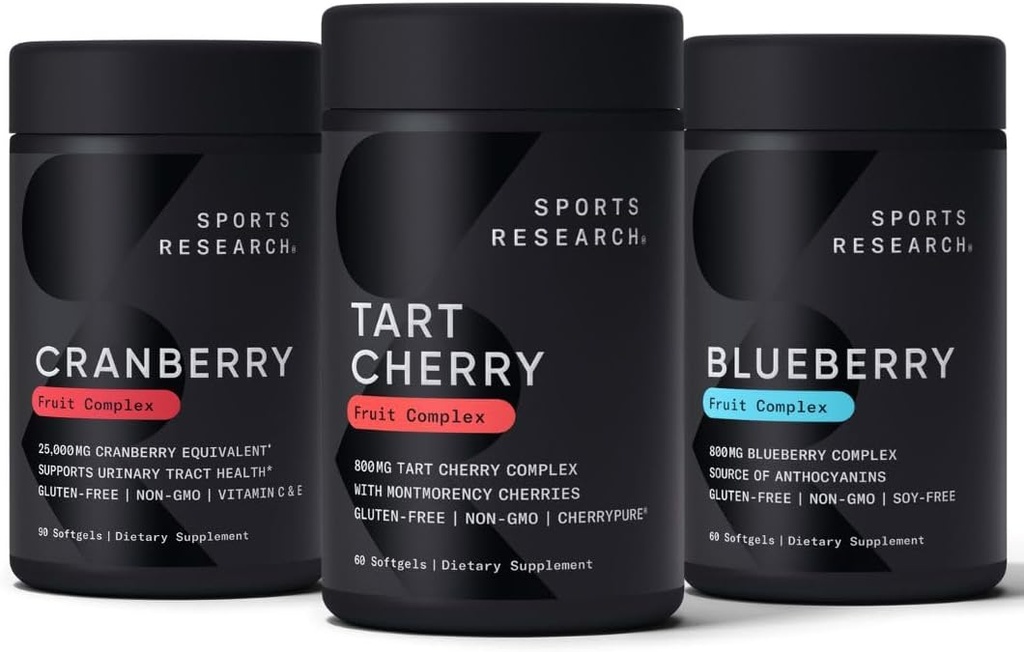 Idrettsforskning Tart Cherry Konsentrert (fra Montmorency Tart Cherries), Cranberry Fruit Complex (med Pacran & Vitaminer C & E) og hele frukt Blåbær Konsentrert (fra organiske blåbær)