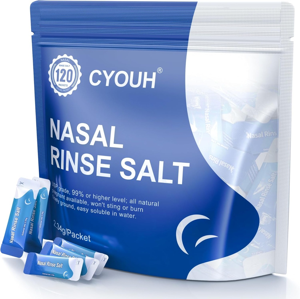 120PCS saltsalongpakker Sinus Nasal renser for Neti Pot, Individuelt omgitt 2.34G Nasal Vaske Irrigasjonssystem Nese Cleaner Saline Påfyllingspakker