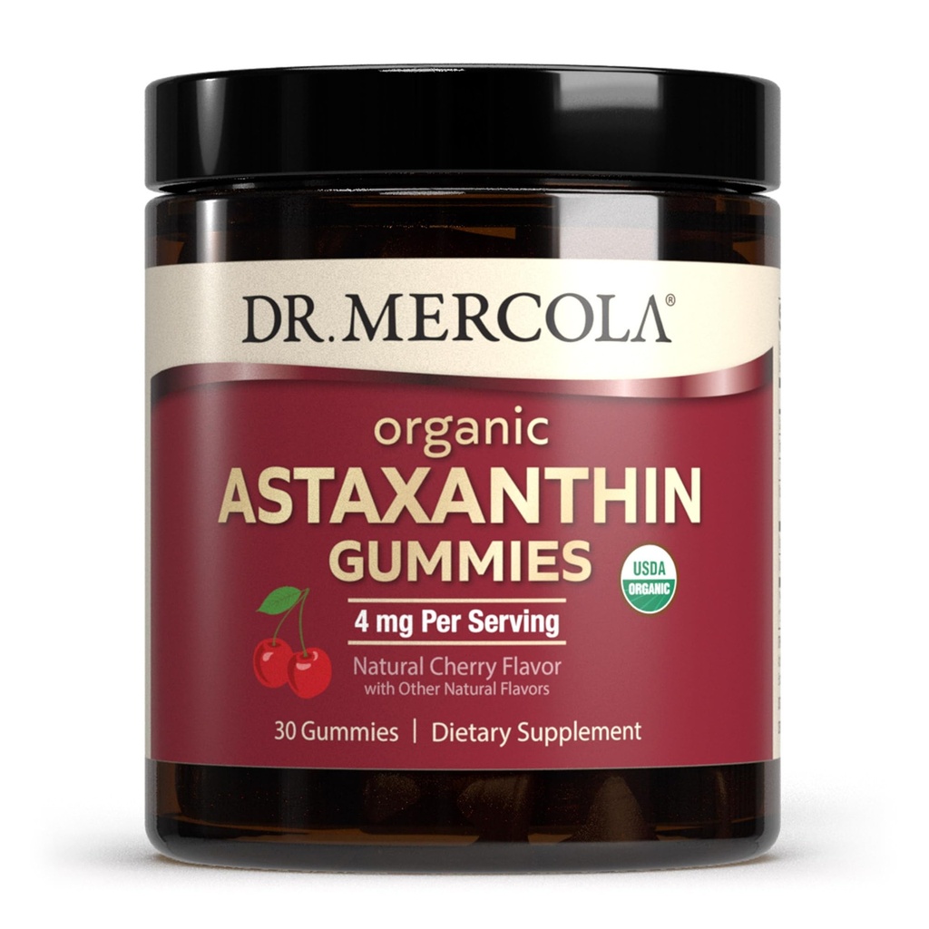 Dr. Mercola Organic Astaxanthin Gummies, 30 Serveringer (30 Gummies), 4 mg Per Serving, Kosttilskudd, Antioksidant og immun støtte, sertifisert organisk, ikke-GMO