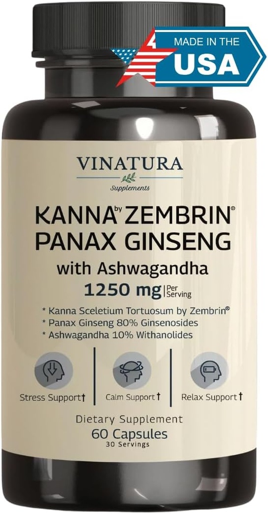 VINATURA Kanna Zembrin Sceltium Tortuosum - 50mg Kanna/Serving, med Ashwagandha, Ginseng *Brain helse, Stress Relief Support* Panax Ginseng 80% Ginsenosides Ashwagandha Kapsler 10% Witanolides