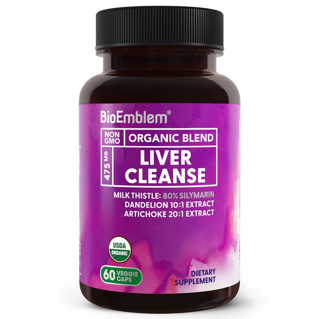 BioEmblem USDA Organic Liver Cleanse - 80% Silymarin Melk Thistle ekstrakt for lever helse og leverfunksjon med Dandelion & Artichoke ekstrakter - 100% Vegan, ikke-GMO - Herbal Liver - 60 Kapsler