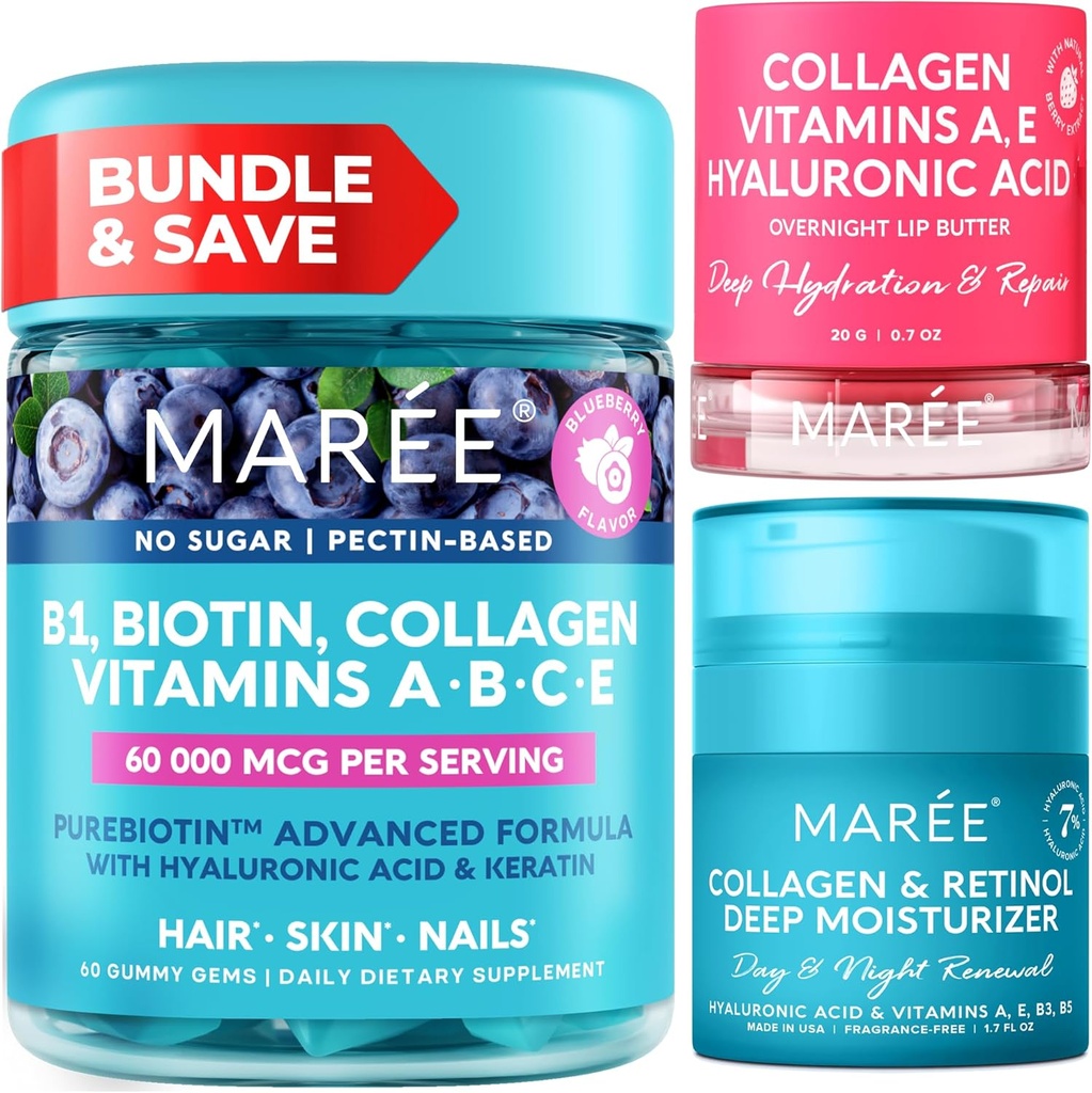 MAREE Bundle - Vitamin B1 Thiamin Gummies, Lip Mask, Ansiktsforsterker - A, E, D, C vitaminer - kollagen og hyaluronsyre, Retinol-kompleks for hud, negler, hår - Maske for tørre lepper - Anti-aldring krem