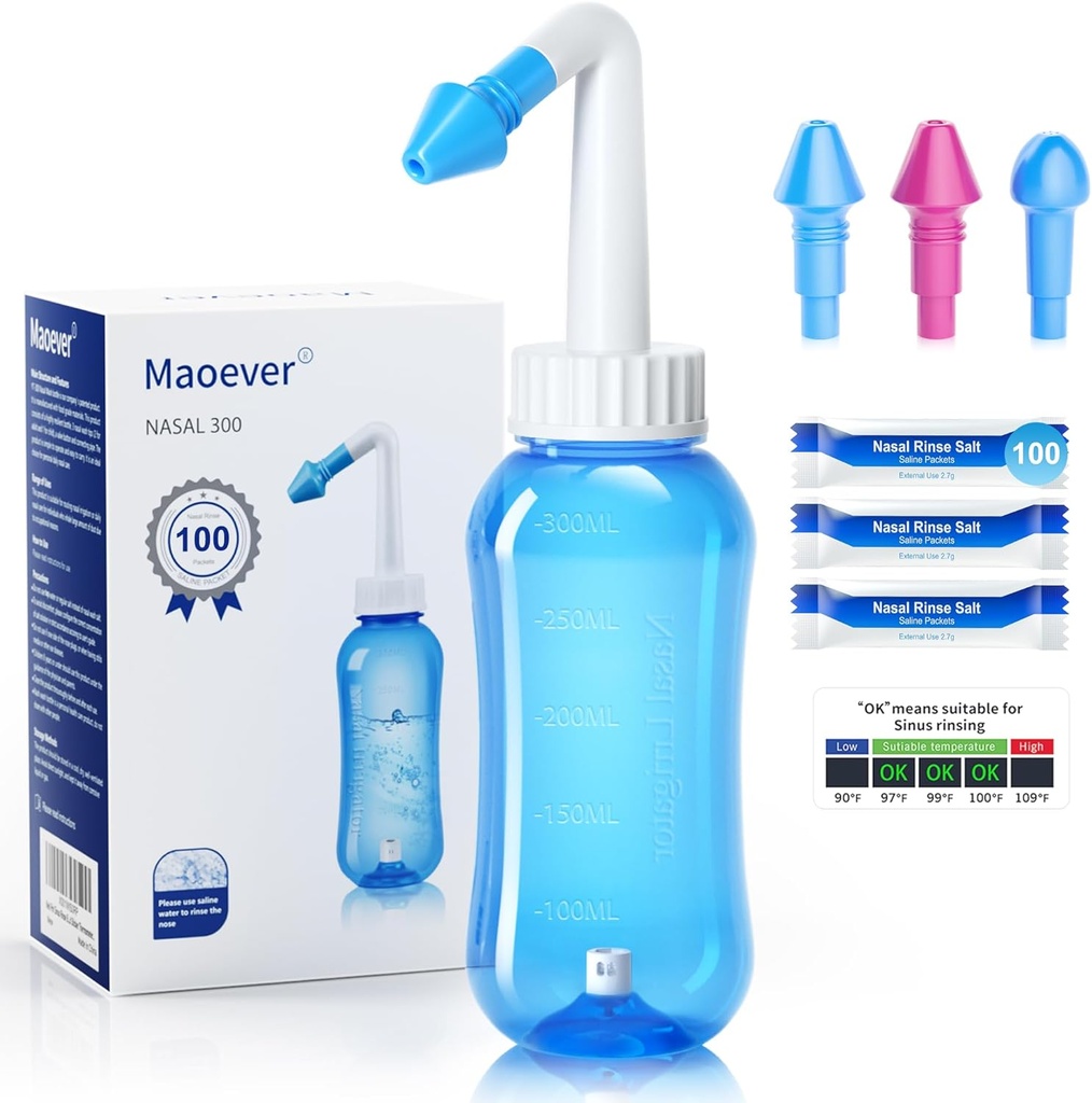 MAO EVER Neti Pot Sinus renseflaske med 100 Nasal Vaske salt pakker Nese Vaske Cleaner Pressure Rinse Nasal Irrigasjon for voksne og barn BPA Free 300 ML med klistremerke Thermometer (blå)