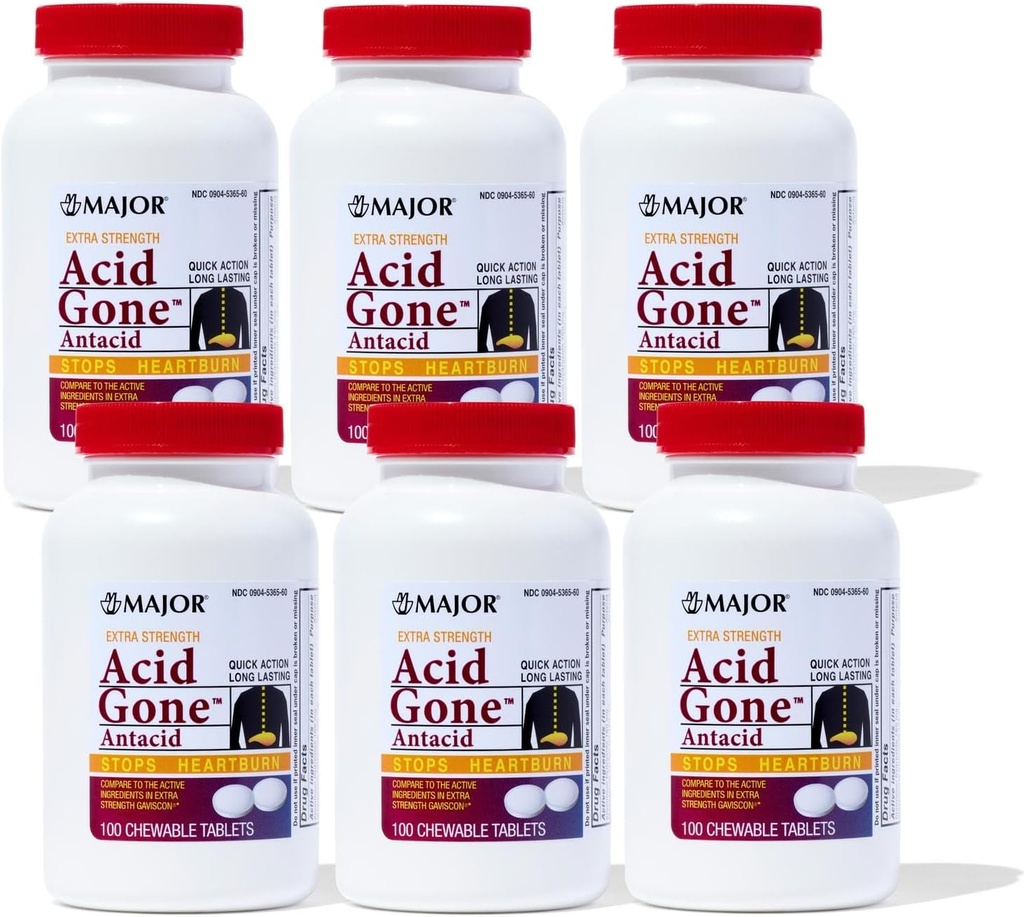 Major Acid Gone Extra Styrke Antacid Chewable Tabletter - Anti-Acid Relief - Acid Reflux Medisin for voksne - Upset Mage, Acid Indigation og Heartburn Relief - Lang-Lasting - 100-Count (6 Pack)