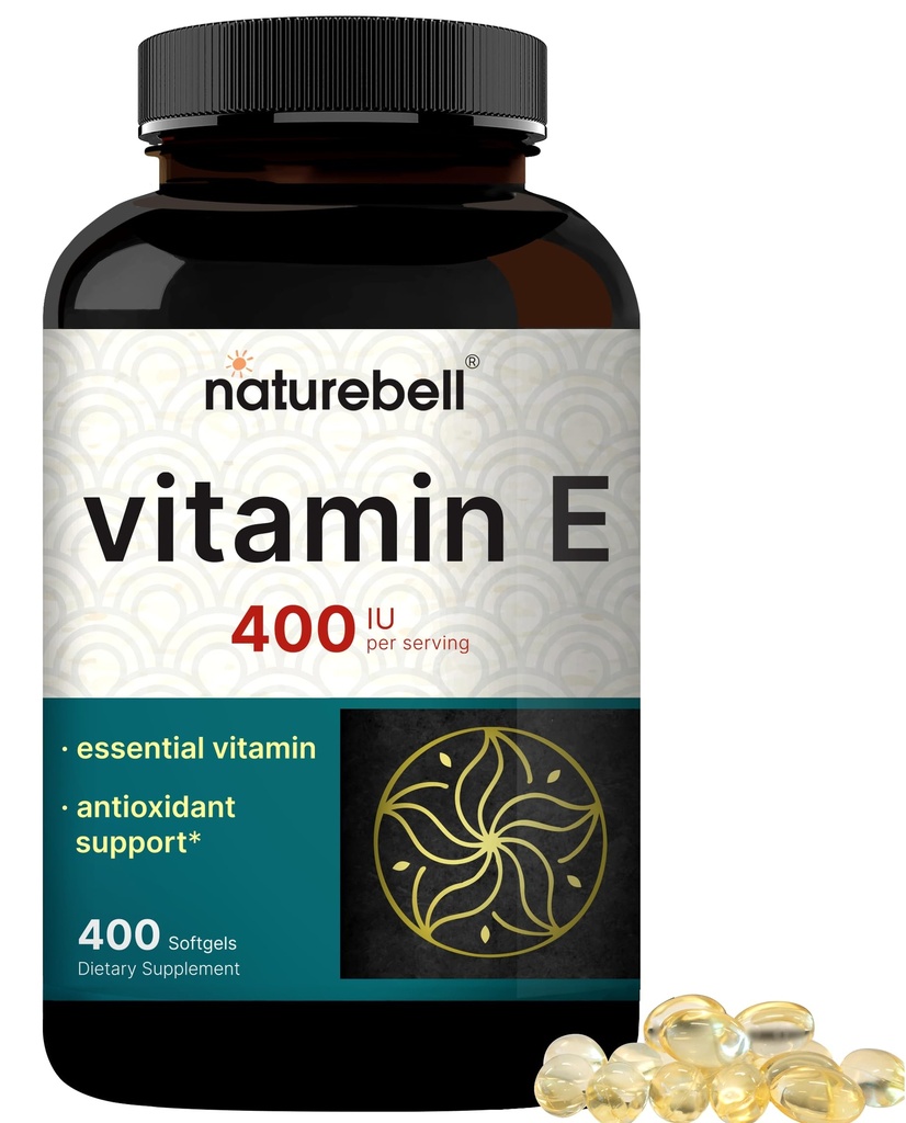 NatureBell Vitamin E Oil Softgels, 400iu Per Serving, 400 piller essensielle antioksidant kosttilskudd, lett absorbert form – støtter hud, hjerte, og immun helse – ikke-GMO