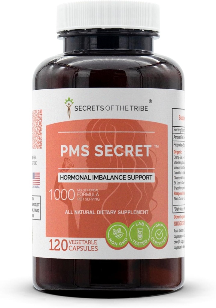 PMS Secret 120 Kapsler, 1000 mg, Svart Cohosh, Cramp, Vitex, Valerian, Dandelion, Kamille, St. John's Wort. Hormonell ubalanse støtte (120 kapsler)