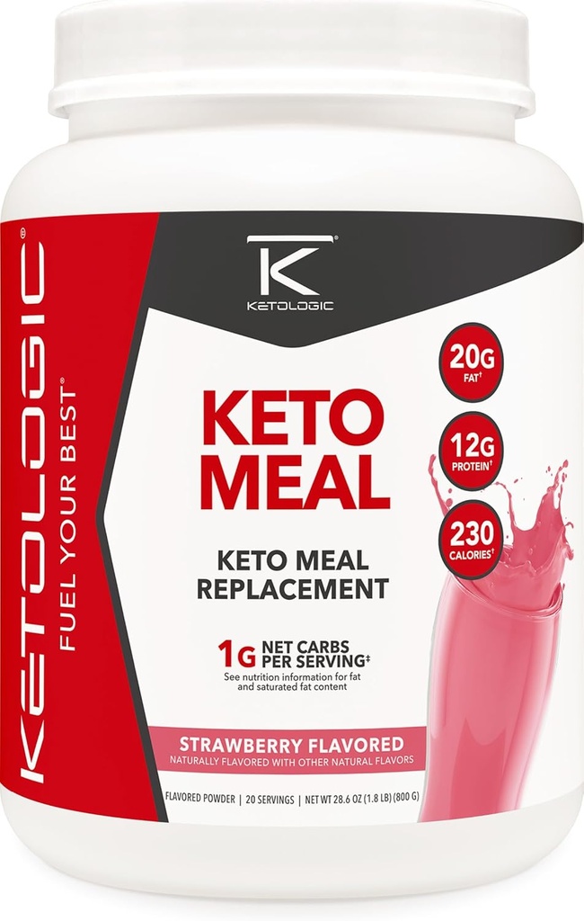 Ketologisk ketomåltid erstatning riste pulver for optimale resultater + MCT Olje + Grass-Fed Whey - perfekt formulert makroer for Ketose - 20 serveringer - Jordbær