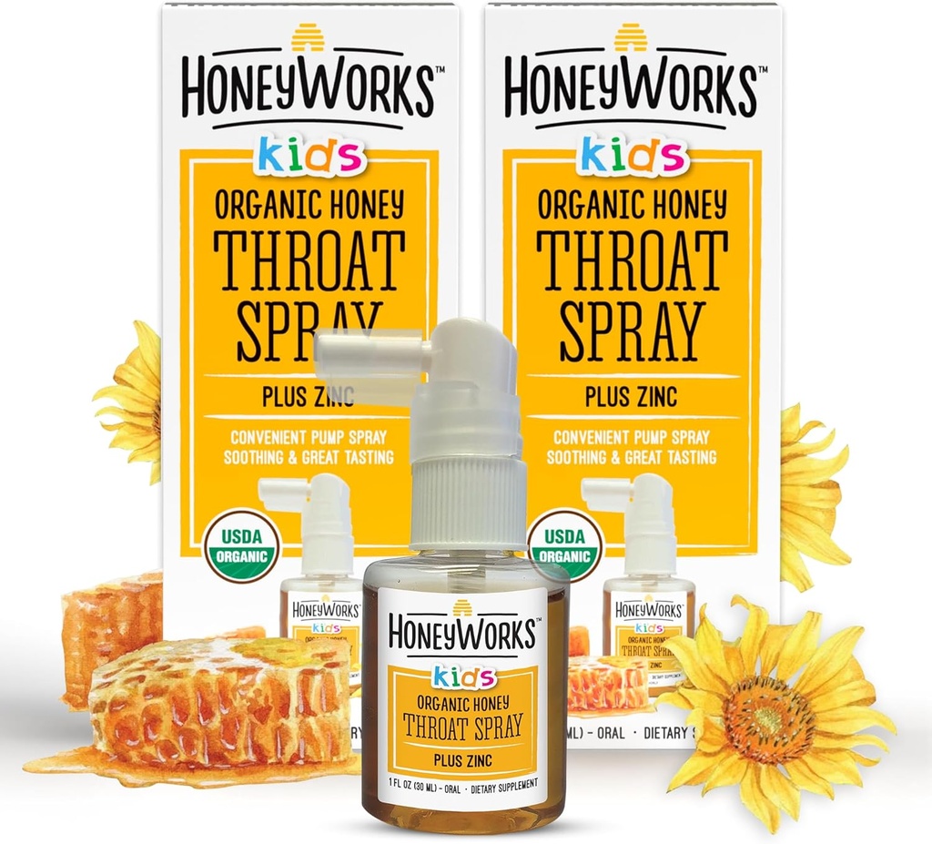 HonningWorks Kids Throat Spray for Sore Throat Relief, 1 Oz (pakke med 2) Soothing Non-GMO USDA Økologisk mørk honning + sink, Fast-Acting Relief, 12 måneders+