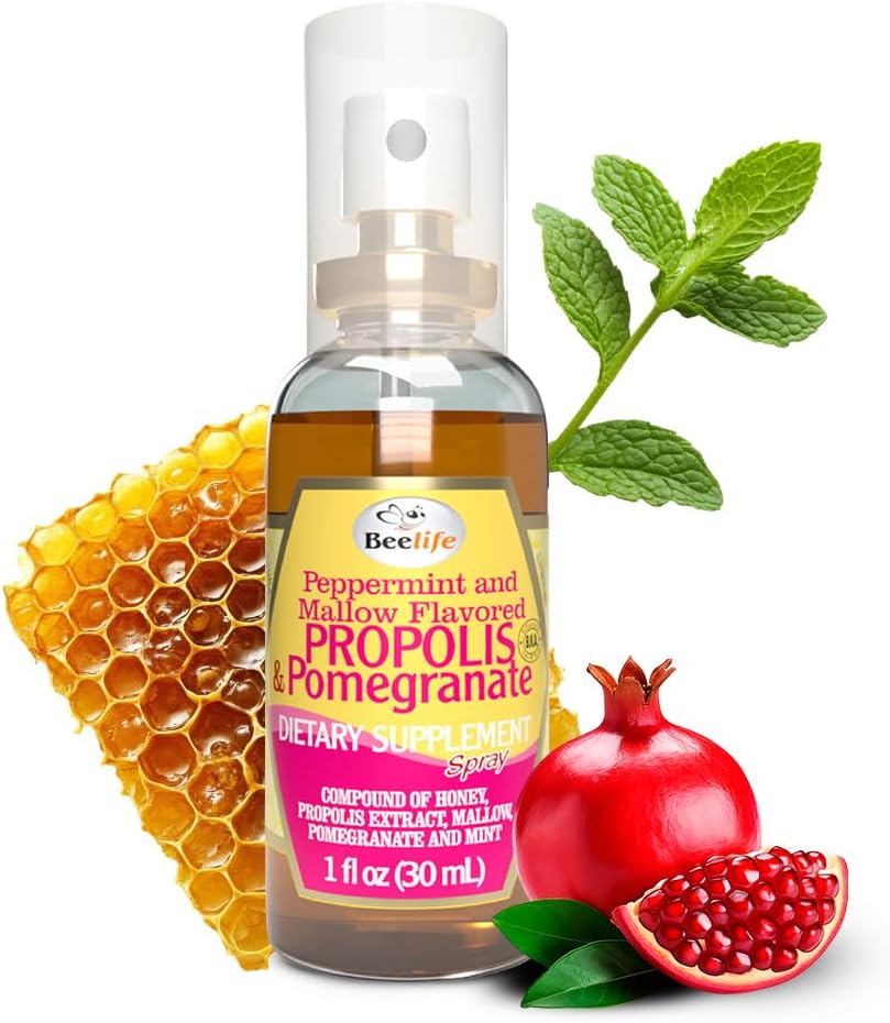 Beelife Propolis Throat Spray - Soothing Honning, Mint & Pomegranate - Naturlig immun Support & Sore Throat Relief - Antioksidanter, Rik på Flavonoider & Artepillin C, No Sukker, Glutenfri, 1-Pack, 30ml