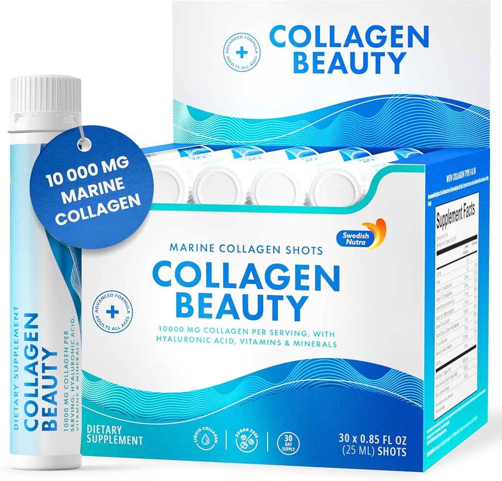 Svensk Nutra - kollagen skjønnhet | 10.000 mg Hydrolysert Marine kollagen flytende kosttilskudd - 30 x 25 ml daglige bilder | Hyaluronsyre og vitamin C for å støtte sunnt hår, hud, negler | sukkerfri