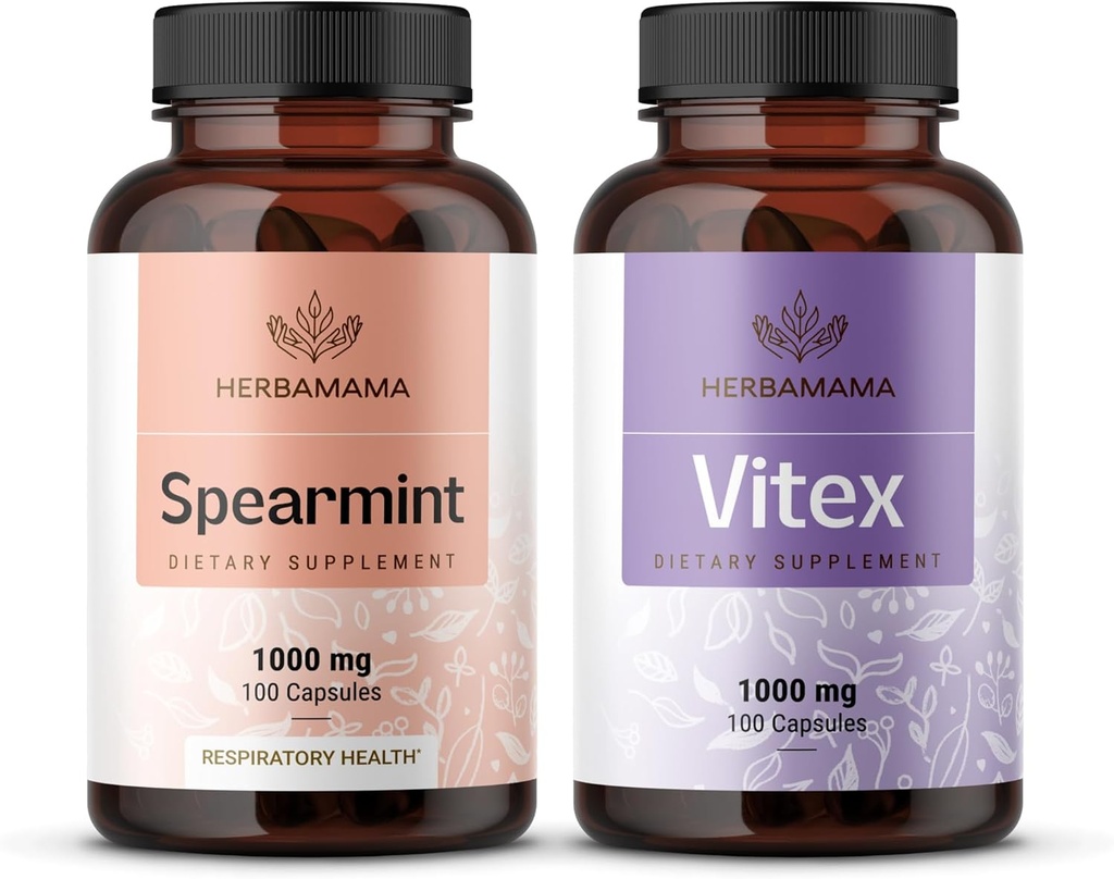 HERBAMAMA Spearmint og Vitex Kit - Budle på 1000 mg Spearmint Leaf & Vitex Chasteberry Capsules - Vegan, ikke-GMO, Gelatin-fri - 2 Pack
