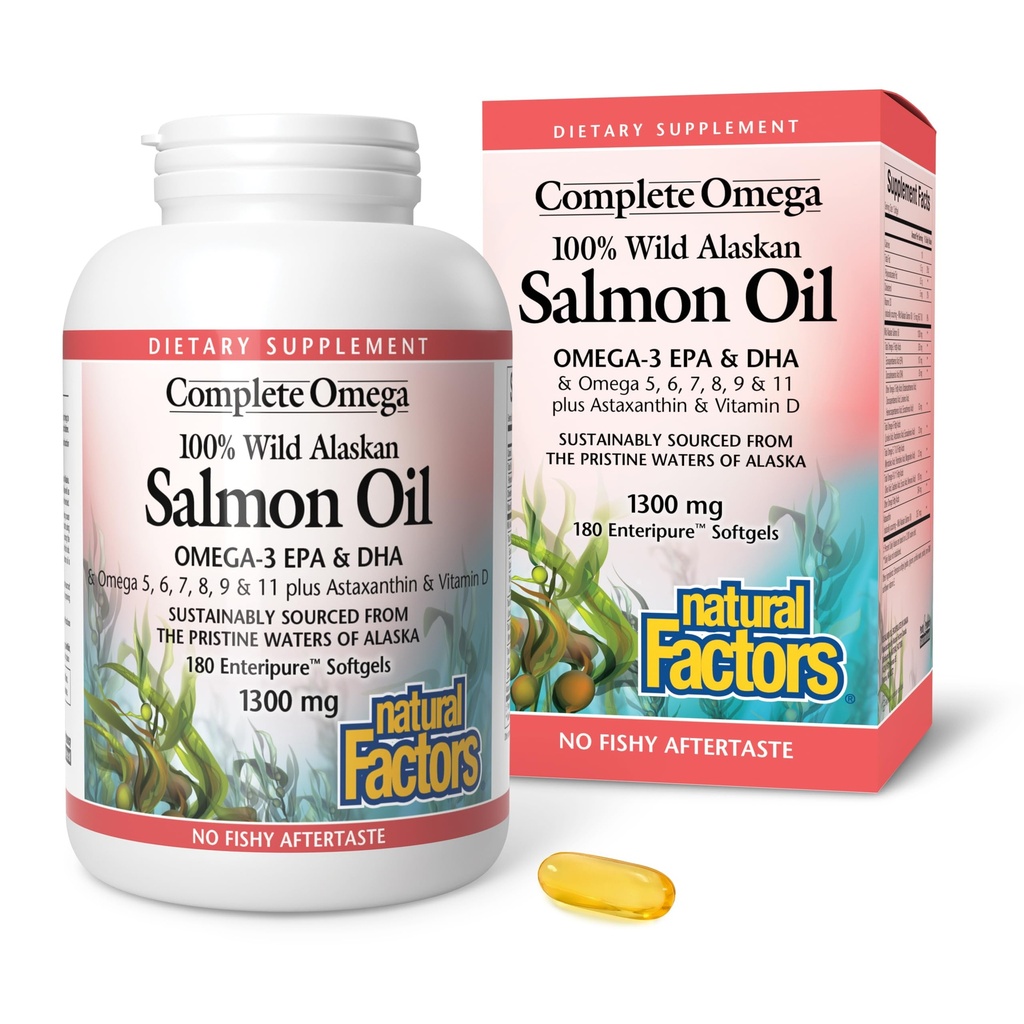 Komplett Omega av naturlige faktorer, Wild Alaskan Salmon Oil, støtter hjerte og hjerne helse med Omega-3 DHA og EPA, 180 mykegels (180 porsjoner)